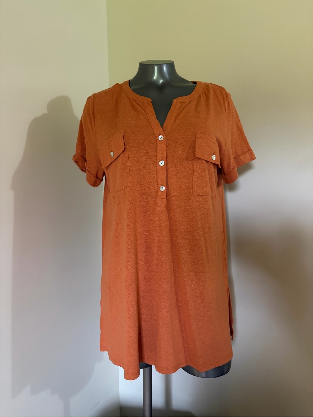 NWT J.Jill Burnt Orange Cotton Knit Split Neck Button Pocket Tunic Top Women’s M